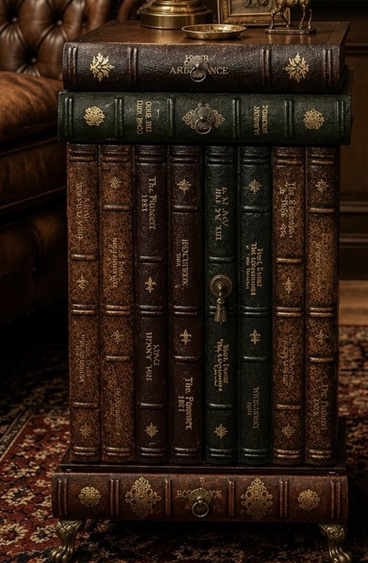 Regency Style Leather Faux Book Stack Pair Side Tables Cabinet 3 Drawer 2 Doors gallery