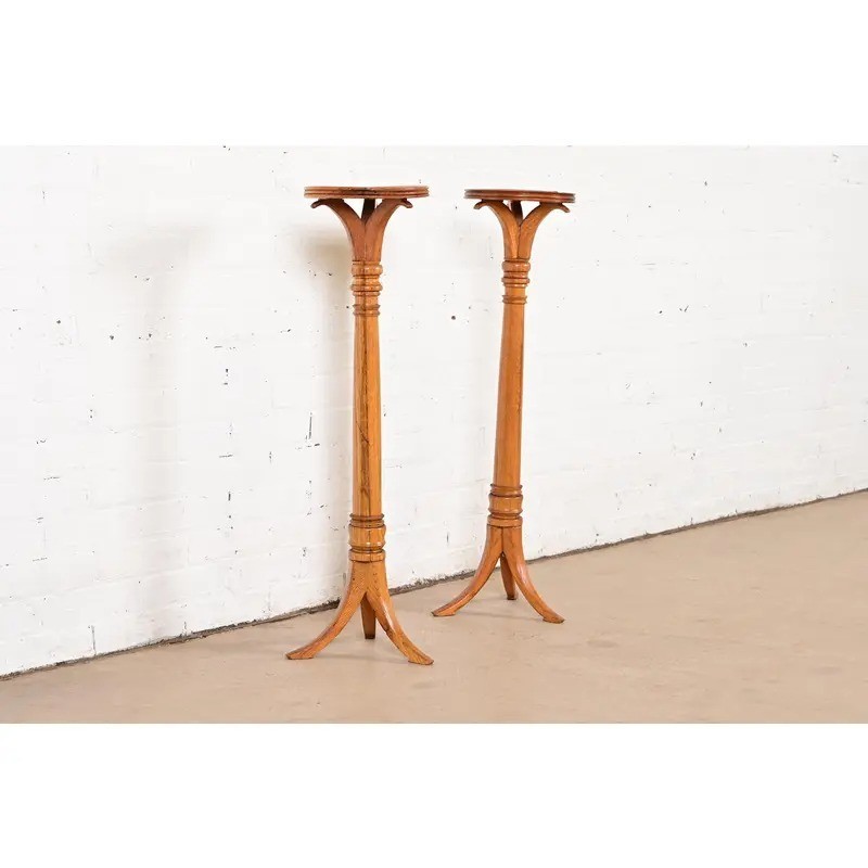 Regency Oak Torchieres or Pedestal Plant Stands, Circa 1940s gallery