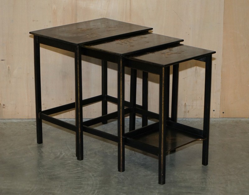 NEST OF THREE CIRCA 1900 CHINESE CHINOISERIE LACQURERED SIDE TABLES HAND PAINTED gallery