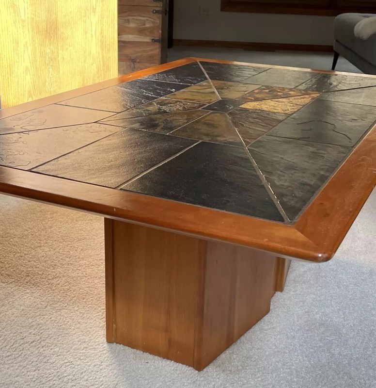 60’s Mid Century Modern Teak Walnut Original Custom Slate Inlays Coffee Table gallery