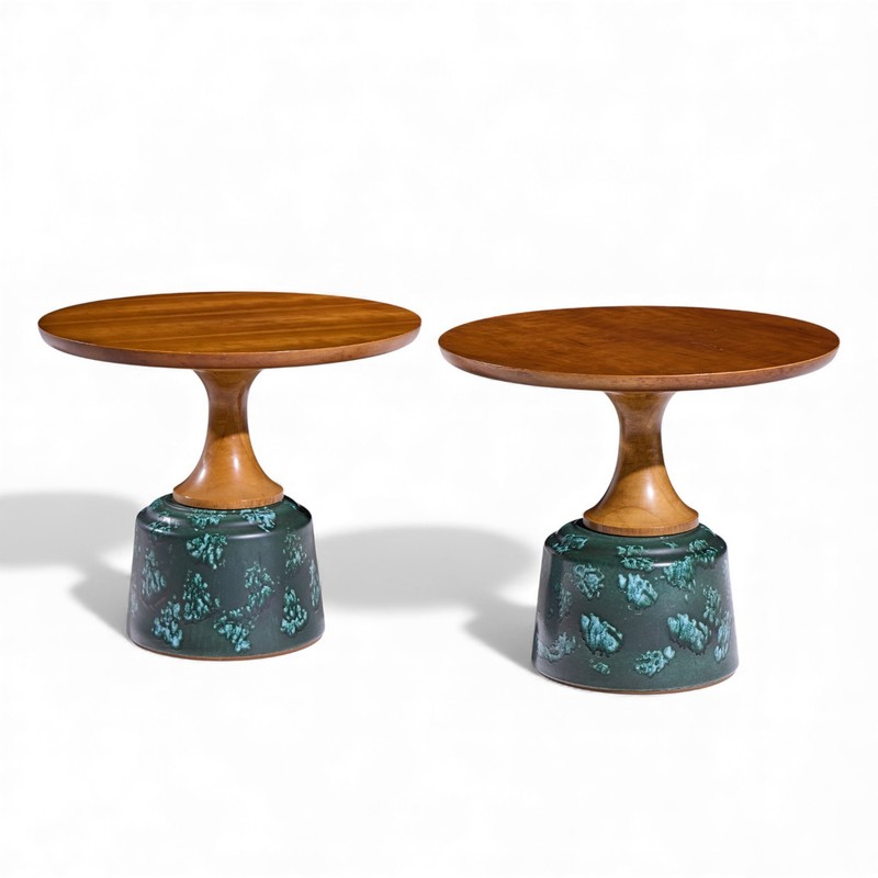 John Van Koert for Drexel Green Ceramic and Walnut Side End Tables - Pair gallery