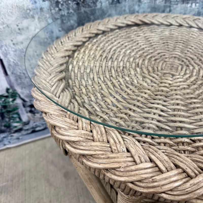 Vintage Woven Rattan Two Tier Glass Top Side Table Boho Coastal Decor gallery