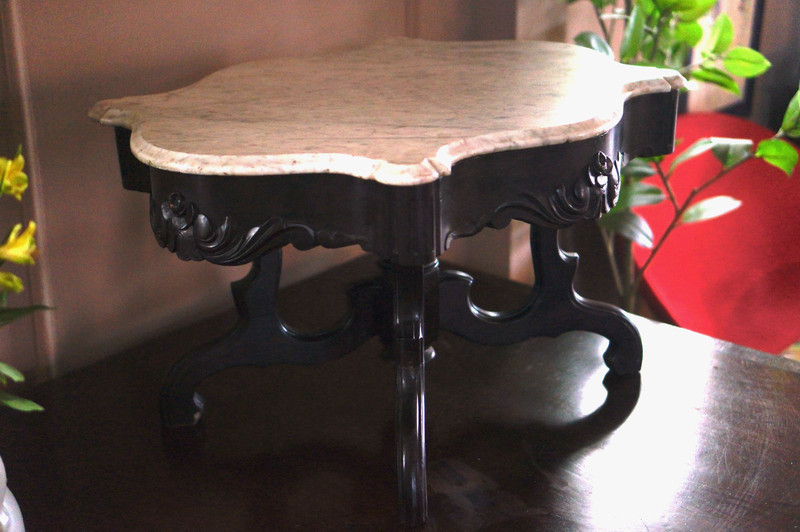19th Century Rocco Antique Mahogany and White Marble Turtle Top Parlor Table gallery