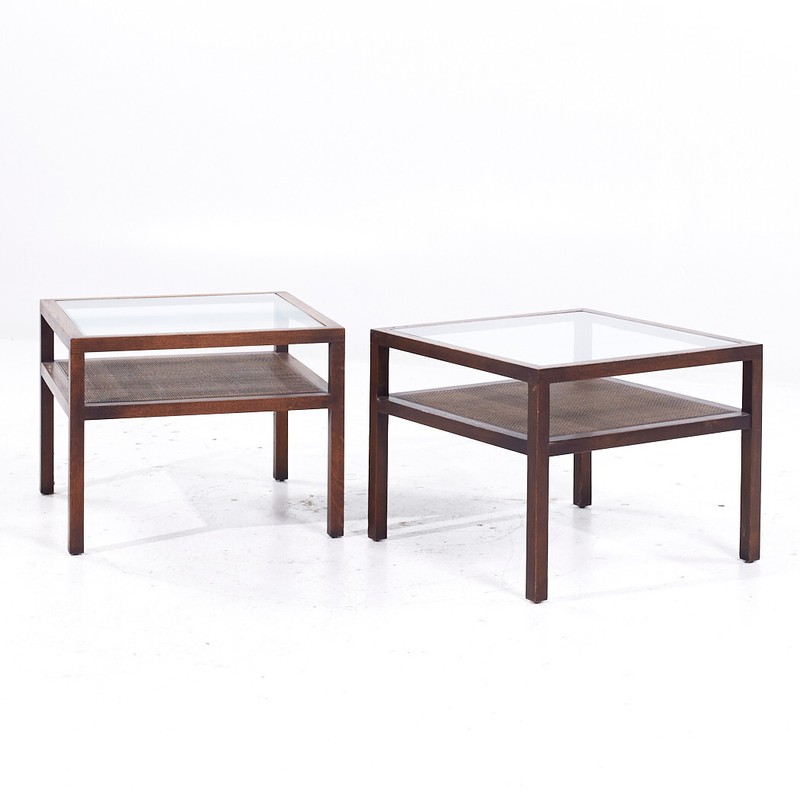 Founders Style Mid Century Oak, Cane and Glass End Tables - Pair gallery