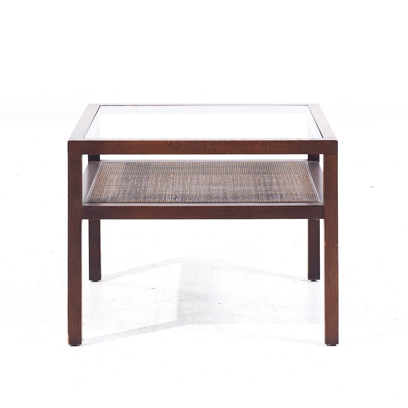 Founders Style Mid Century Oak, Cane and Glass End Tables - Pair gallery