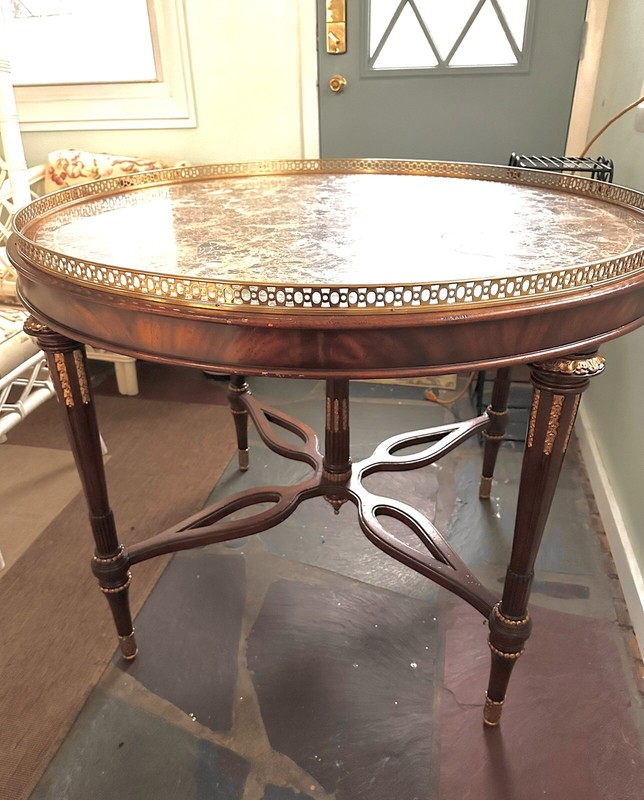 Louis XVI Style Round Game Table By Maitland Smith, Brass accents/Gallery Edges
