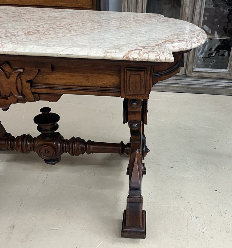 19th C. Victorian Renaissance Revival Carved Walnut Marble-Top Desk 49.5" gallery