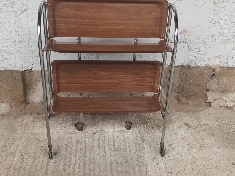 Dinett Side Table Tea Cart Wooden Top Chrome 70s 1/3 Foldable, 79.5 cm gallery