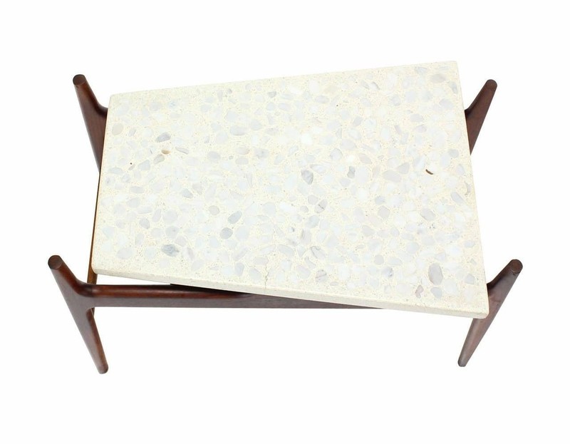 Unusual Trapezoid Travertine Terrazzo Top Oiled Walnut Base End Side Table MINT gallery