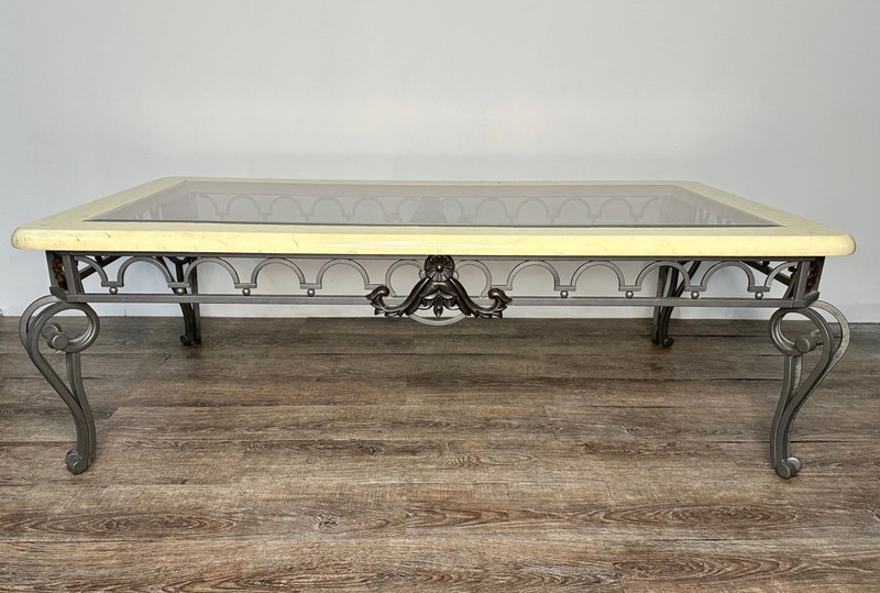 Vintage-Style Glass Faux Marble & Wrought Iron Coffee Table