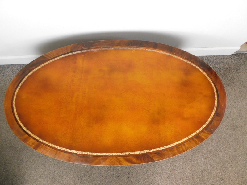 Brandt Antique 46" W 1940s Regency MCM Mahogany Tooled Leather OVAL Coffee Table gallery