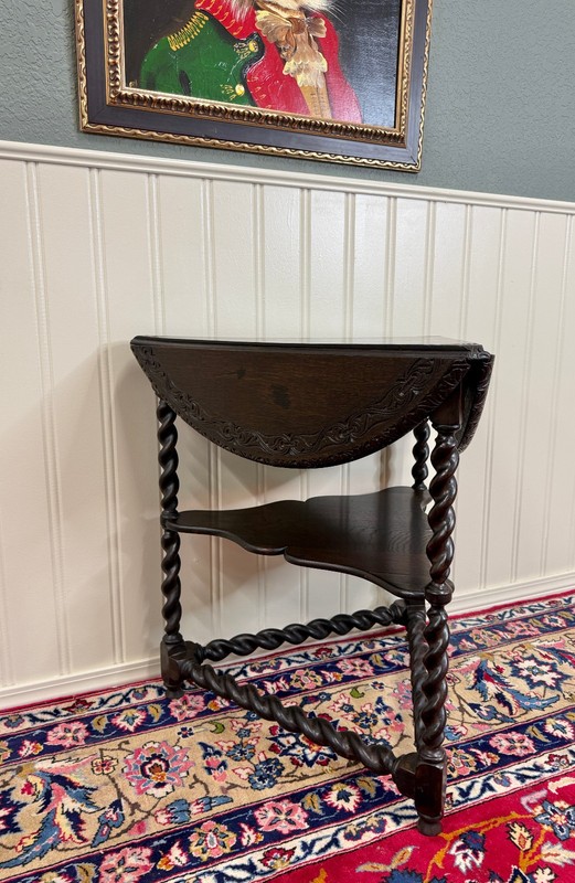 Antique English Envelope Barley Twist Drop Leaf Side Table Carved Oak c. 1900 gallery