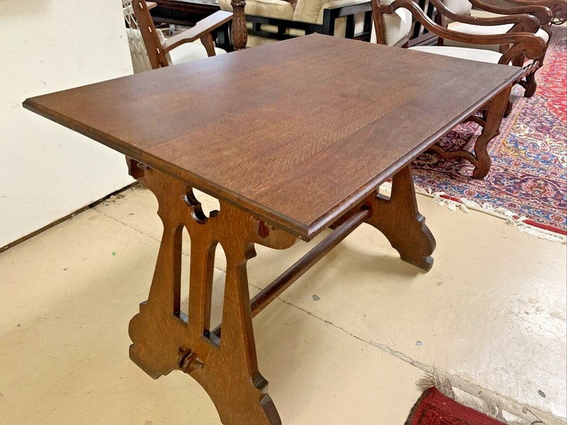 Antique French Solid Oak Gothic Ogee Writing Desk Table Bureau Plat Trestle gallery