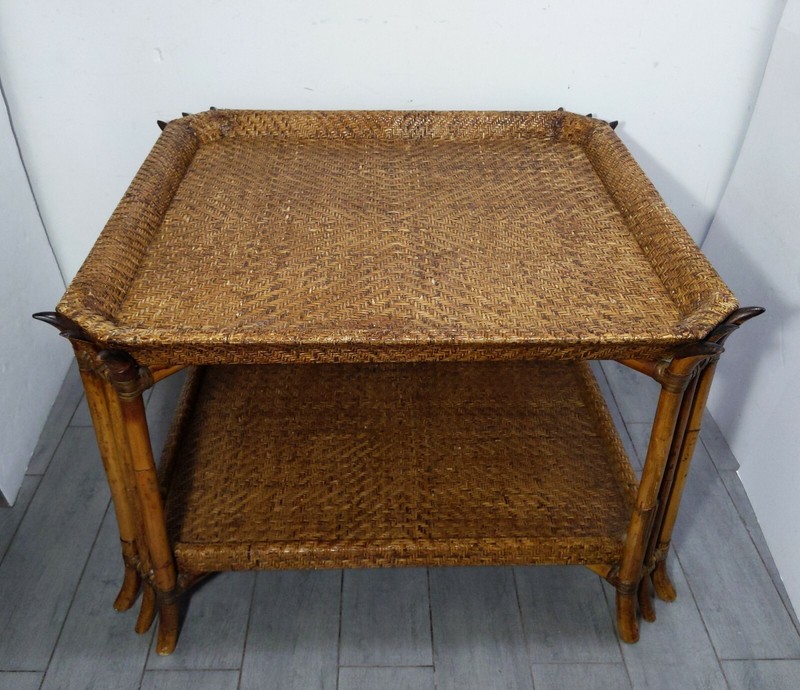 Vintage Large 38″ 2-Tier Wicker Rattan Bamboo Table Boho Chic Asian Coffee