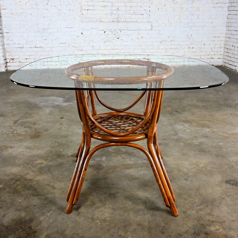 Coastal Island Style or Hollywood Regency Rattan Glass Top Dining or Game Table gallery