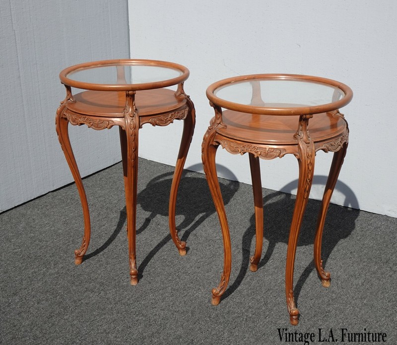 Vintage French Rococo Louis XVI Style Brown Ornately Carved Side Tables Two Tier