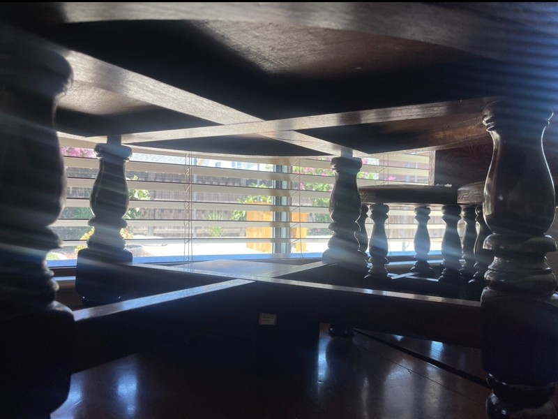 Rare Peruvian Hand Tooled Leather Wooden Coffee Table With 4 Stools Vintage gallery