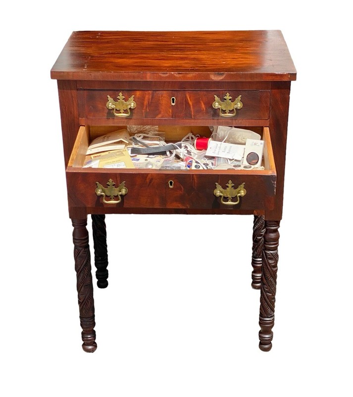 Antique Sheraton Mahogany Worktable / Sewing Stand with 3 Drawers & Carved Legs gallery