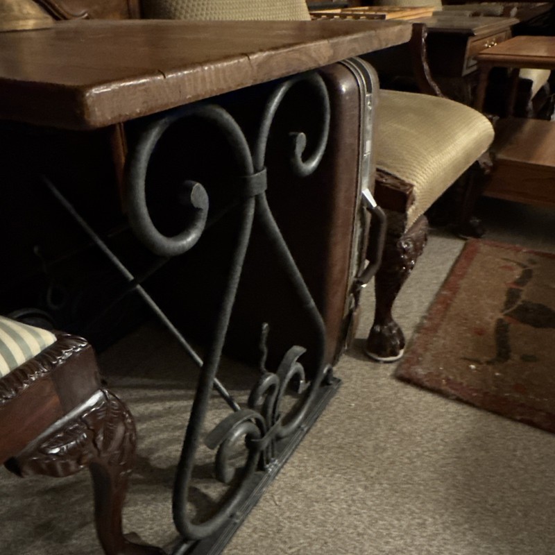 HENREDON Set 2 Thick WROUGHT IRON BASE in Art Deco style w/Wooden table top gallery