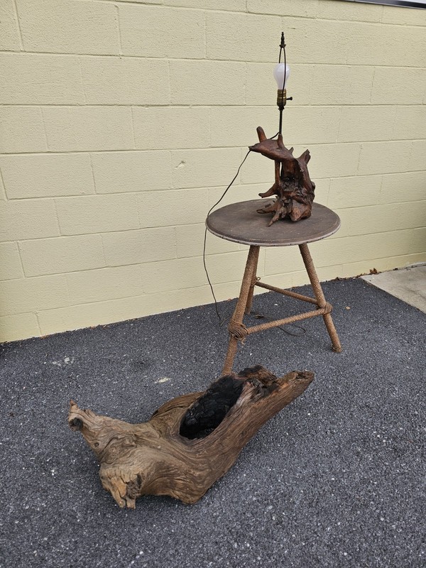 MCM Nautical Theme Side Table W Woven Rattan Top & Woven Rope Tripod Legs