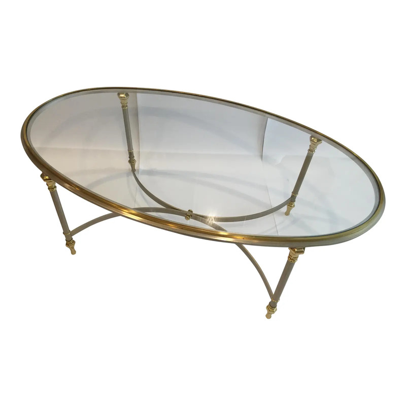 MAISON JANSEN Oval Coffee Table Brass Chrome Glass Hollywood Regency Italian