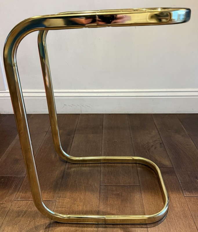 Vintage MCM Milo Baughman Style Brass Tone Glass Top Cantilever Side Table gallery