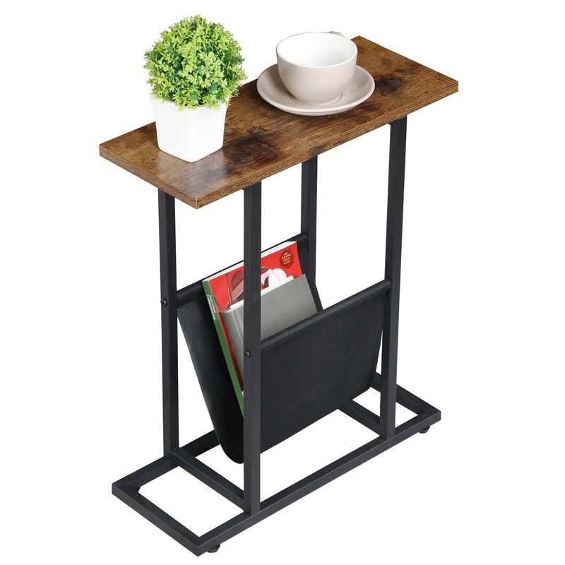 Small Narrow Side Table End Table Magazine Table w/ Storage Holder Rustic Brown