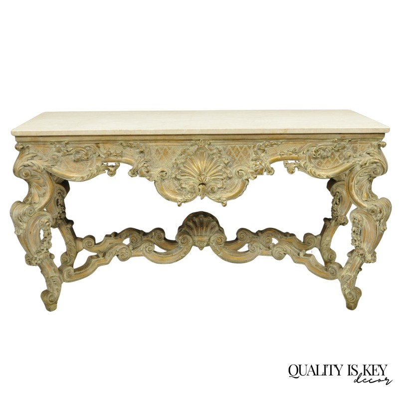 Antique French Louis XV Rococo Style Shell Carved 68″ Marble Top Console Table