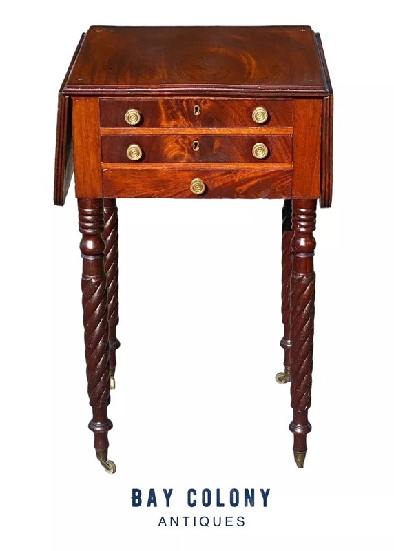 Antique Massachusetts 3 Drawer Dropleaf Worktable With Rope Carved Legs