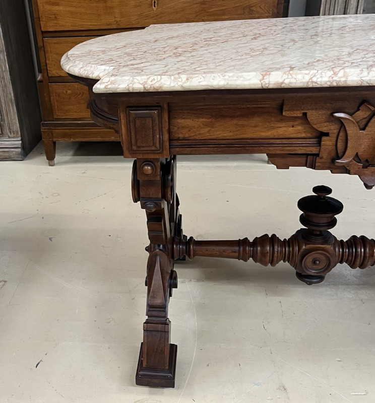 19th C. Victorian Renaissance Revival Carved Walnut Marble-Top Desk 49.5" gallery