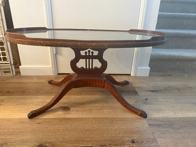 Vintage Mersman 7440 Oval Coffee Table with Glass Top & Lyre Base