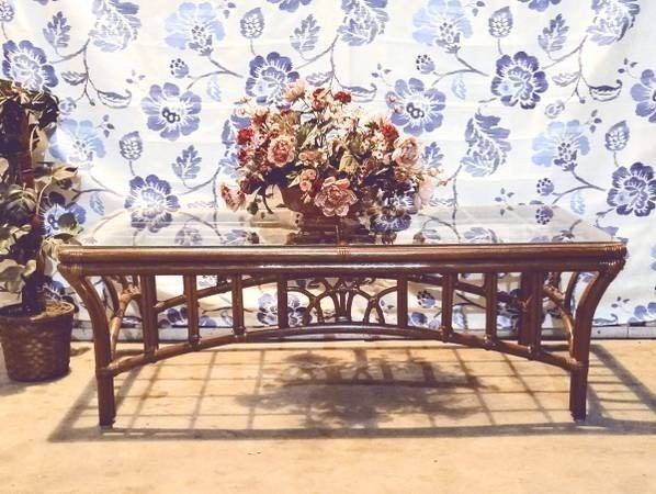 Classic Vintage Boho Rattan Glass Top Coffee Table