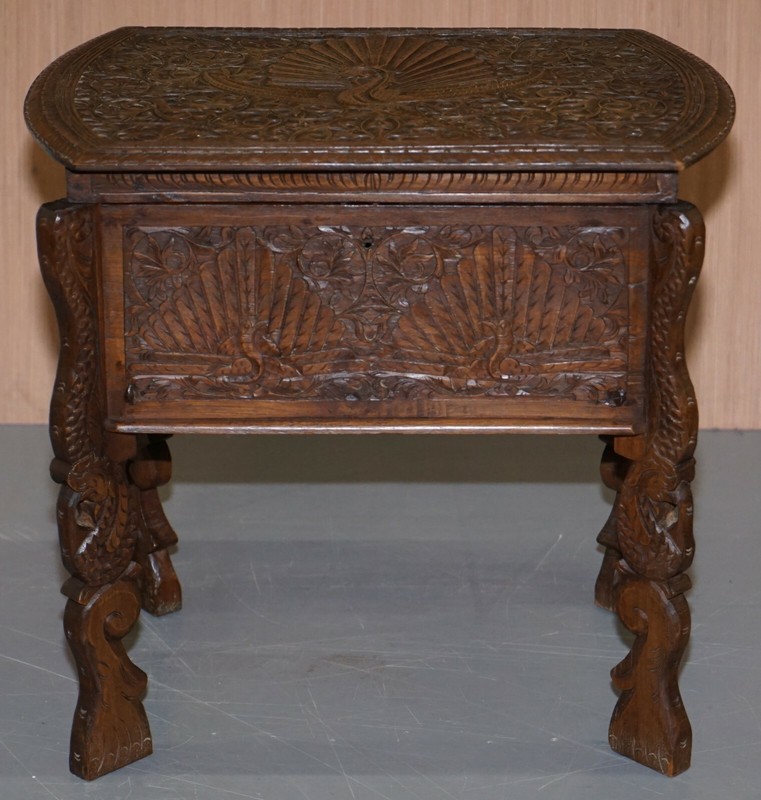 CIRCA 1880 BURMESE HAND CARVED PEACOCK SEWING TABLE CUPBOARD CHEST OPEN TOP gallery