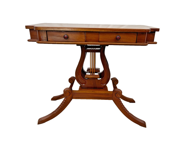Console Table Lyre Violin Double Harp Pedestal Base Two Drawers Carved Walnut