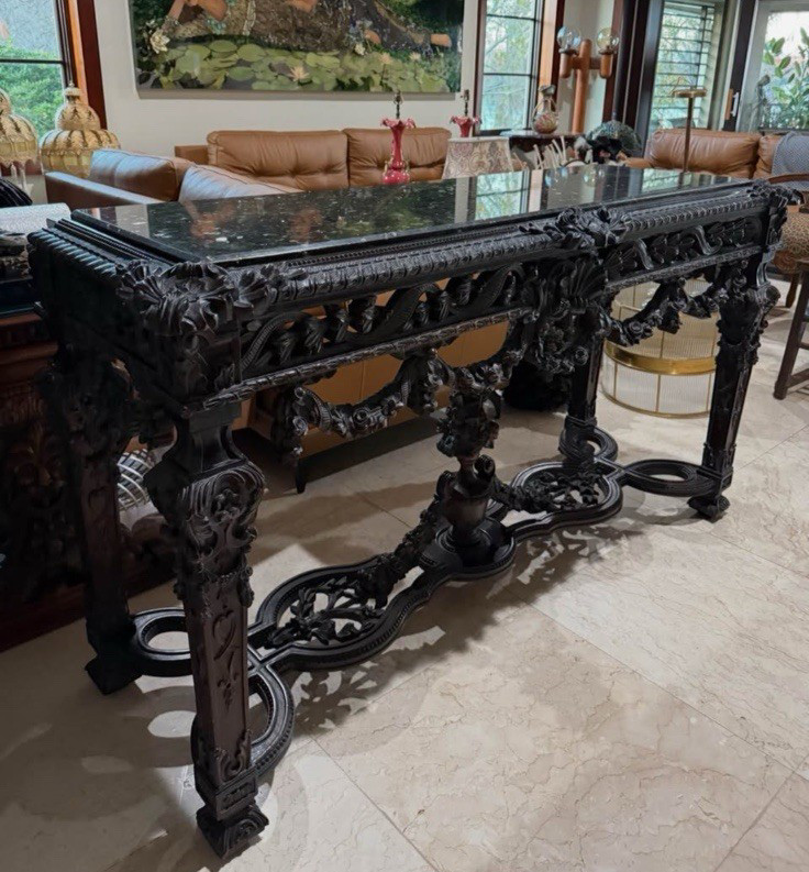 Monumental Hand-Carved Wood Console Table With Heavy Marble Top
