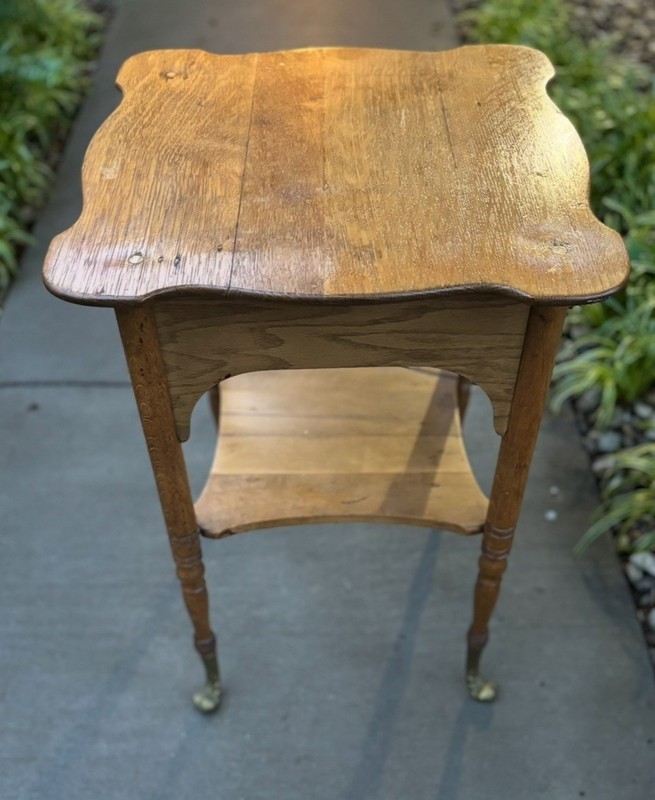 Victorian Antique Oak Parlour End Accent Table Carved Legs Brass Feet Lamp Table gallery