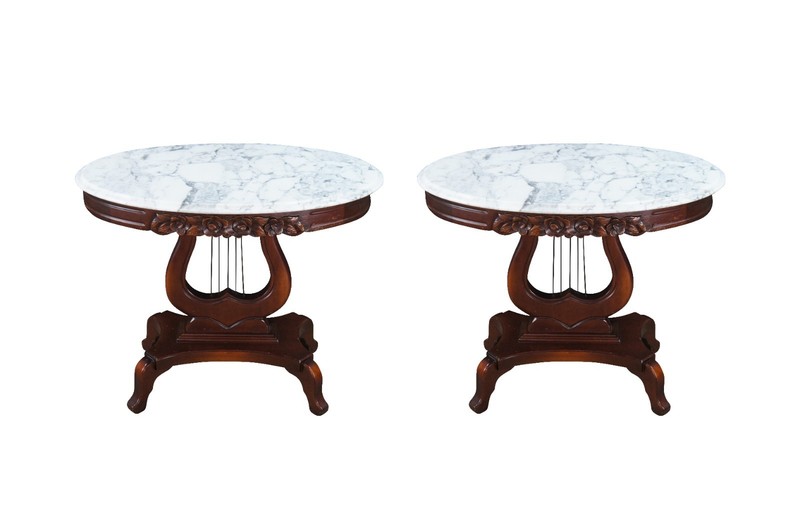 2 Victorian Revival Cherry Marble Top Lyre Harp Hall Entry Parlor Console Tables