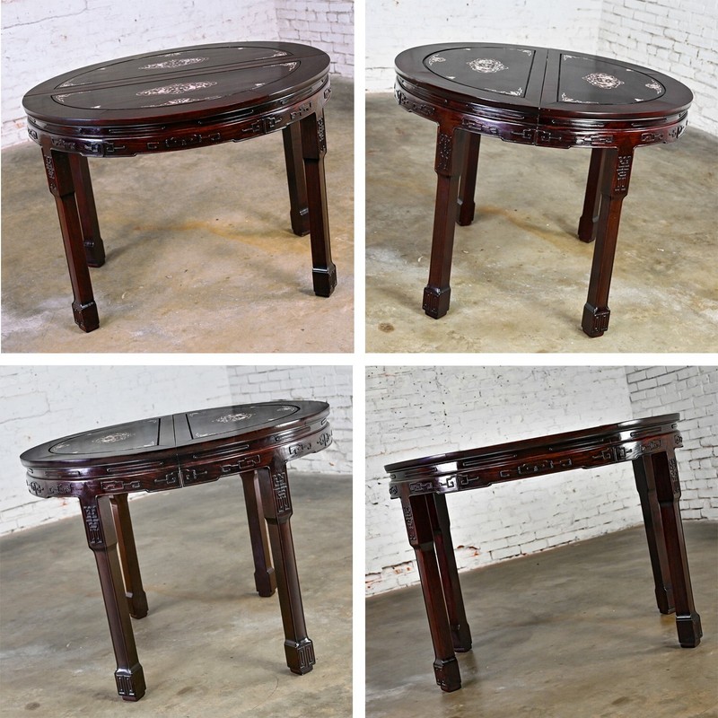 Chinoiserie Dining Table Rosewood & Mother of Pearl Round to Oval with 2 Leaves gallery