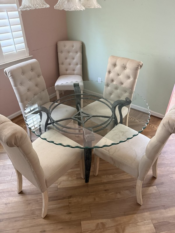 Round Beveled Glass Top Dining Table with Wrought Iron Base