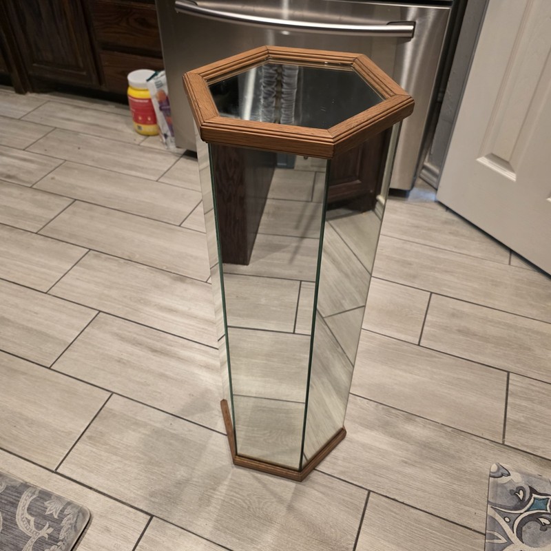 Vintage 30″ Mid Century Modern Mirrored Hexagon Pedestal Plant Stand Table Wood