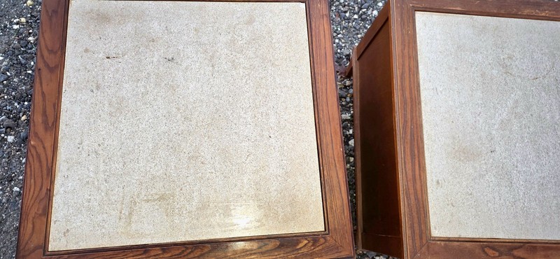 Gorgeous Mid Century Walnut? Set End Tables With Travertine Top VTG HTF Has Flaw gallery