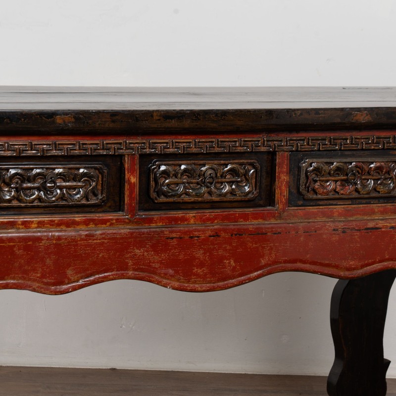 19th Century Chinese Red Altar Console Table with Carved Drawers gallery