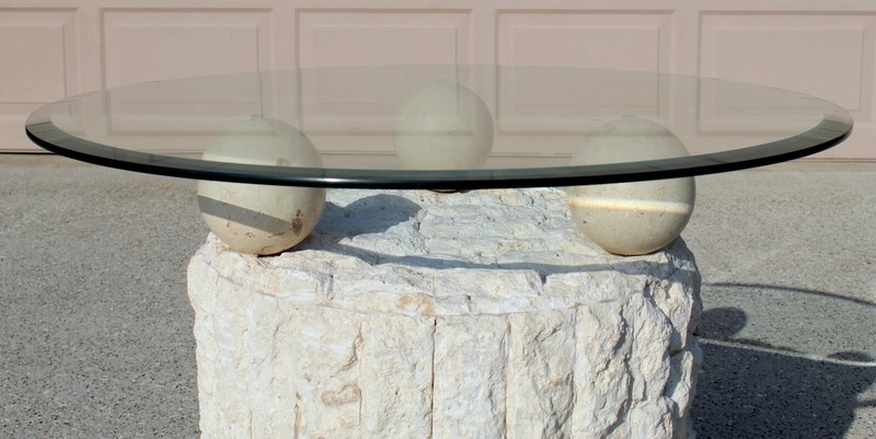Vintage 1980s Postmodern Mactan Fossil Stone Round Side Table With Glass Top gallery
