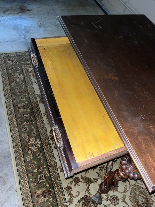 MERKLEN LIBRARY TABLE, 1890s, GREMLINS, DRAGON, BALL AND CLAW FOOT, ANTIQUE gallery