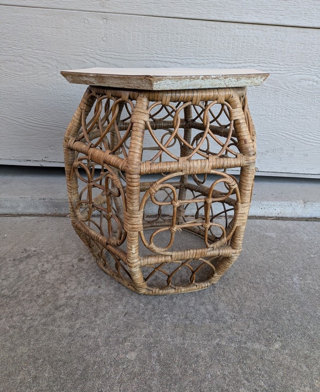 Vintage Asian Chinoiserie Boho Chic Bamboo Wicker Rattan Side Drum Table D72 gallery