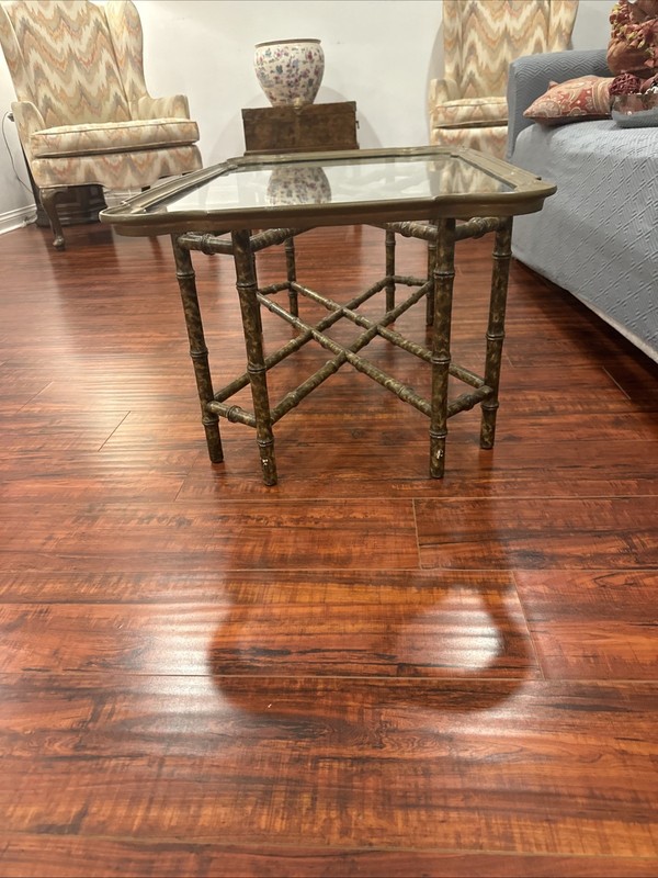 Regency Style Small Scale Brass Frame Glass Top Coffee Table Faux Bamboo Base gallery