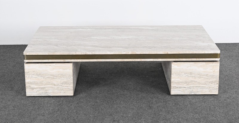 Monumental Travertine and Stainless Steel Coffee Table manner of Karl Springer gallery