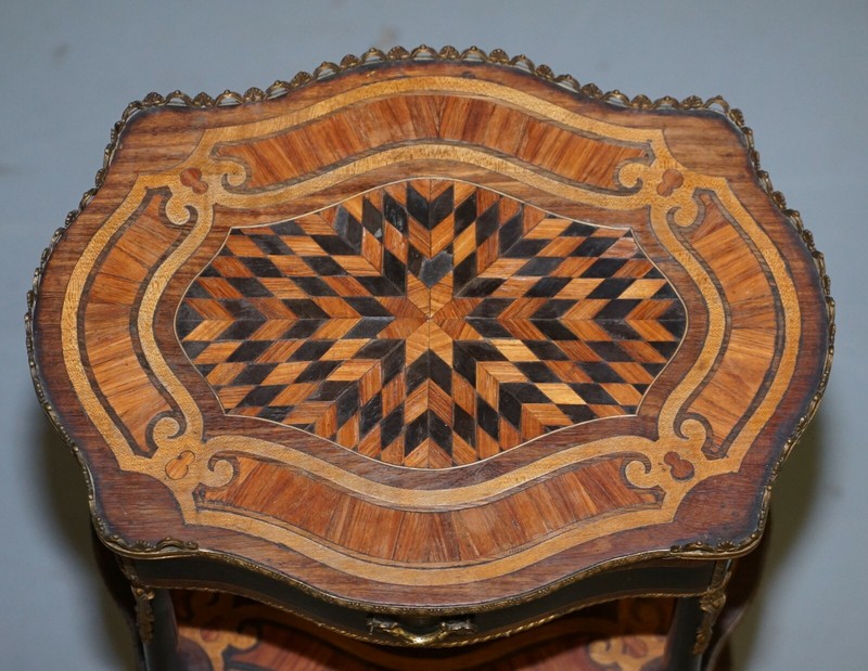 NAPOLEON III BRASS GALLERY FRUITWOOD EBONISED & INLAID THREE TIRED SIDE TABLE gallery