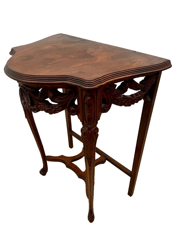 French Victorian Demilune Console Table Hand Carved Petite size Mahogany