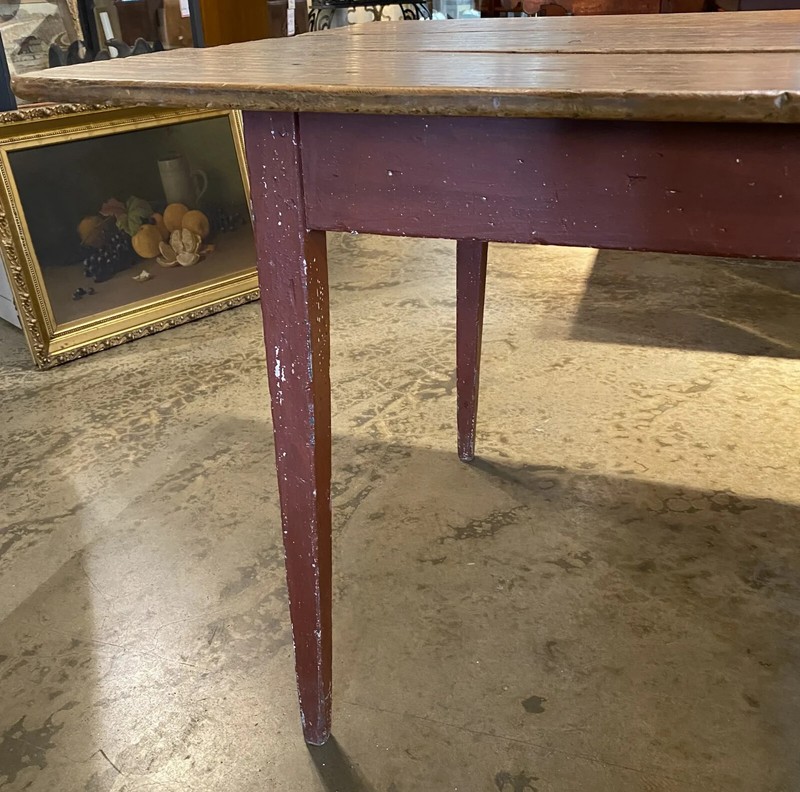 19th c Country Pine Harvest Farm Table with Red Painted Base gallery